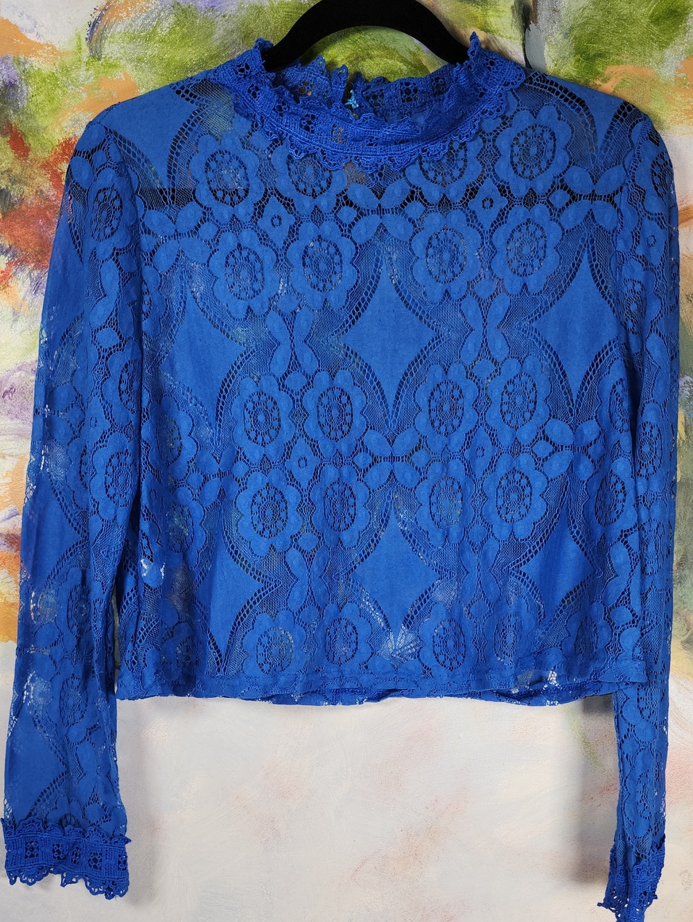 Cobalt Blue Floral Lace Long Sleeve Blouse
